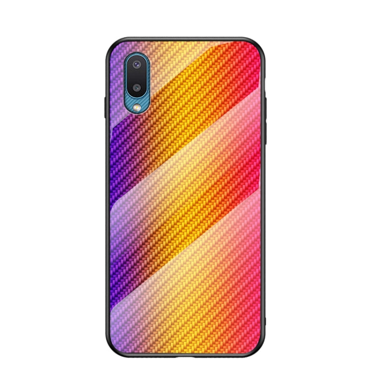 For Samsung Galaxy A02 Gradient Carbon Fiber Texture TPU Border Tempered Glass Case