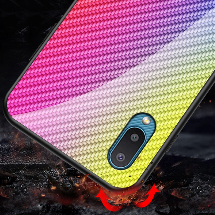 For Samsung Galaxy A02 Gradient Carbon Fiber Texture TPU Border Tempered Glass Case