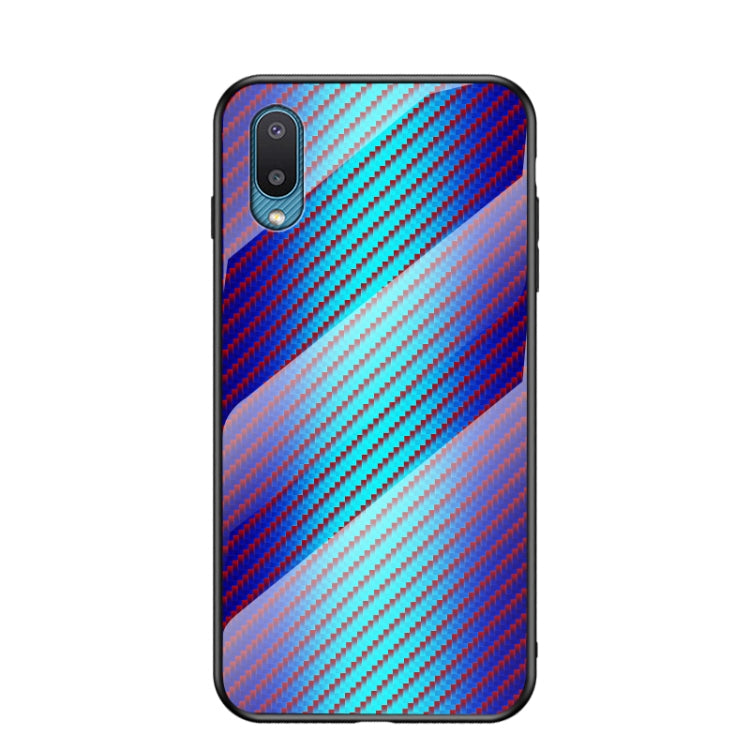 For Samsung Galaxy A02 Gradient Carbon Fiber Texture TPU Border Tempered Glass Case