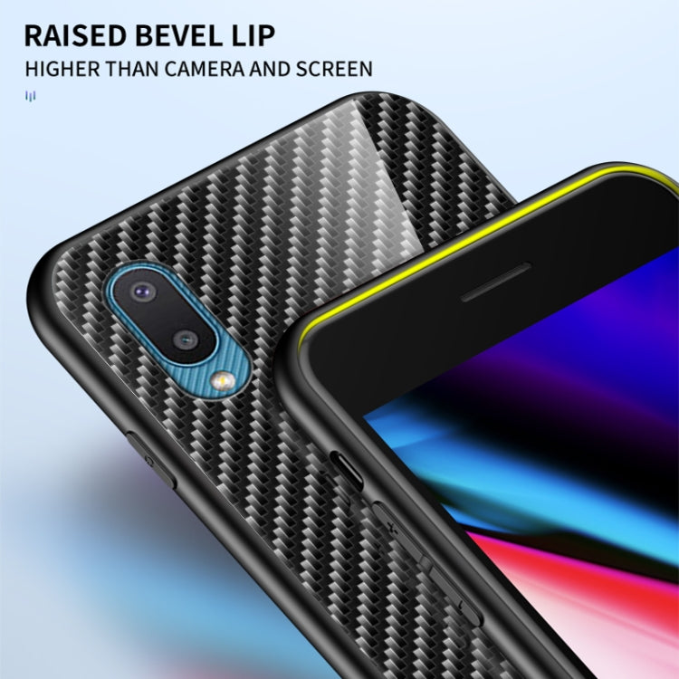 For Samsung Galaxy A02 Gradient Carbon Fiber Texture TPU Border Tempered Glass Case