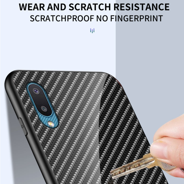 For Samsung Galaxy A02 Gradient Carbon Fiber Texture TPU Border Tempered Glass Case