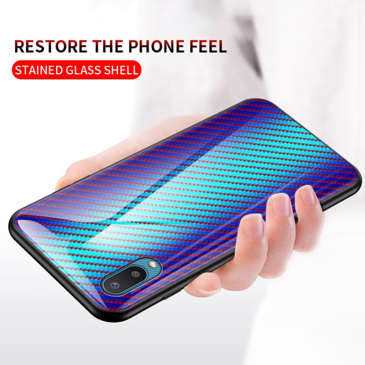 For Samsung Galaxy A02 Gradient Carbon Fiber Texture TPU Border Tempered Glass Case