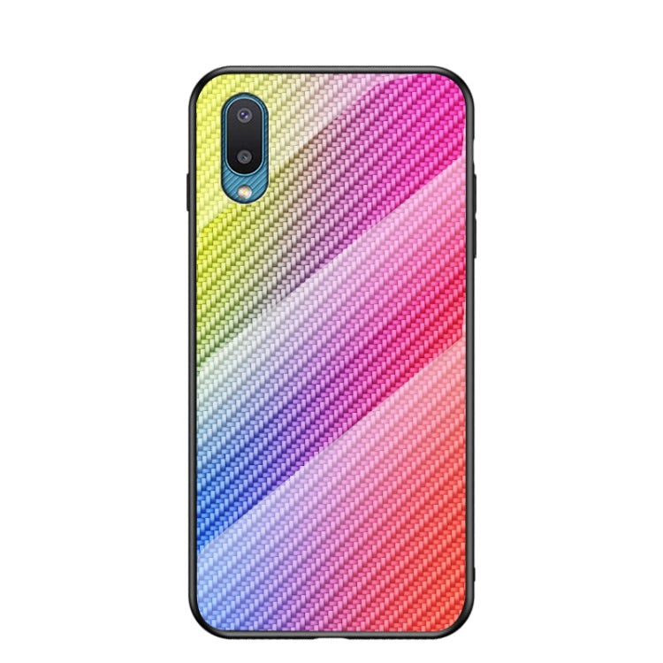 For Samsung Galaxy A02 Gradient Carbon Fiber Texture TPU Border Tempered Glass Case