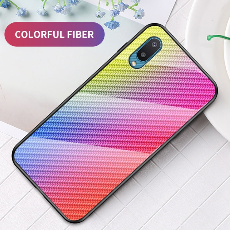 For Samsung Galaxy A02 Gradient Carbon Fiber Texture TPU Border Tempered Glass Case