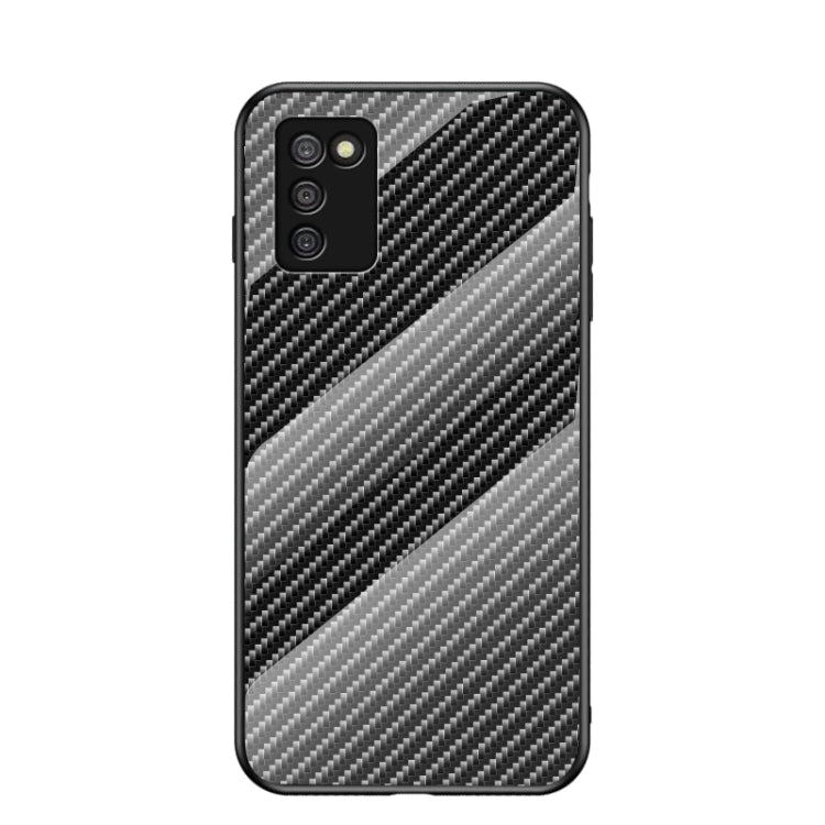 For Samsung Galaxy A03s 164mm Gradient Carbon Fiber Texture TPU Border Tempered Glass Case