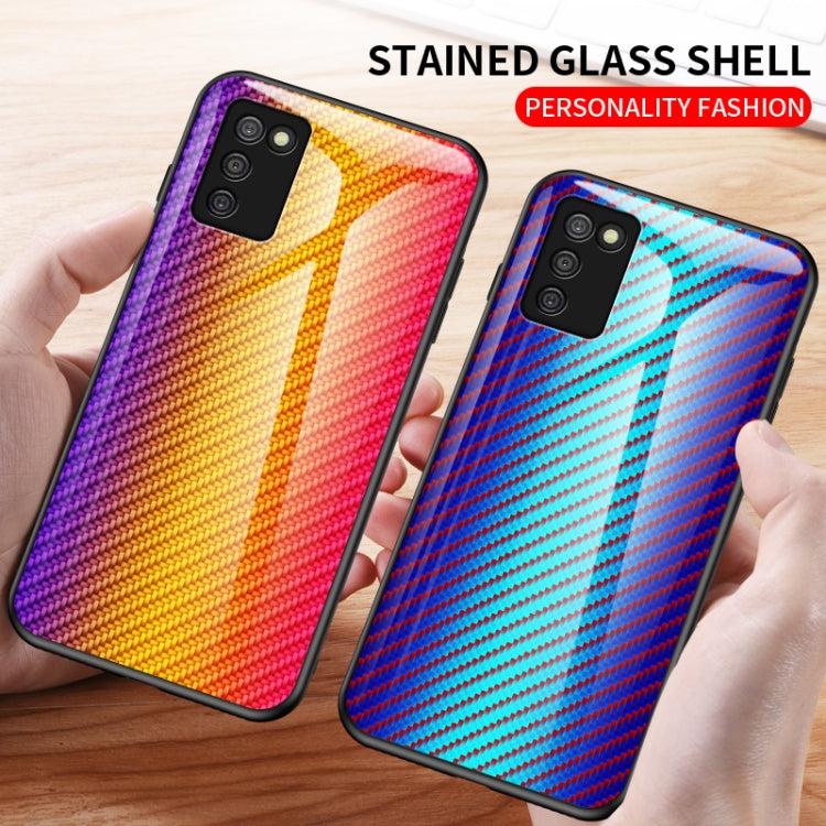 For Samsung Galaxy A03s 164mm Gradient Carbon Fiber Texture TPU Border Tempered Glass Case