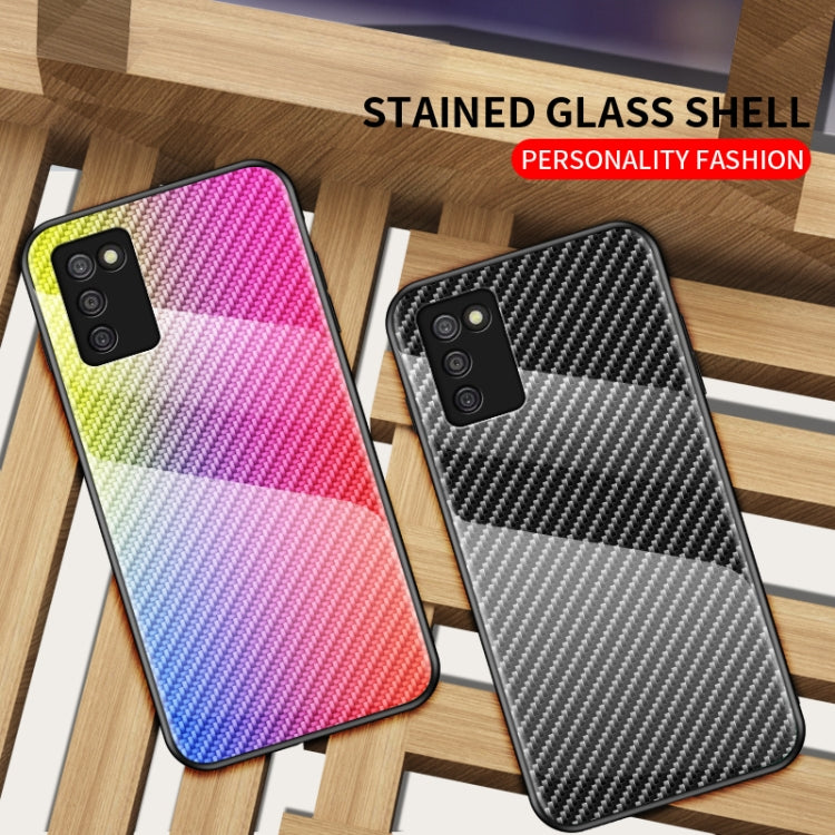 For Samsung Galaxy A03s 164mm Gradient Carbon Fiber Texture TPU Border Tempered Glass Case