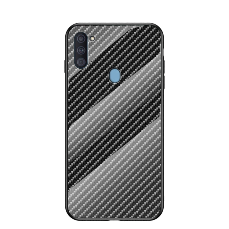 For Samsung Galaxy A11 / M11 Gradient Carbon Fiber Texture TPU Border Tempered Glass Case