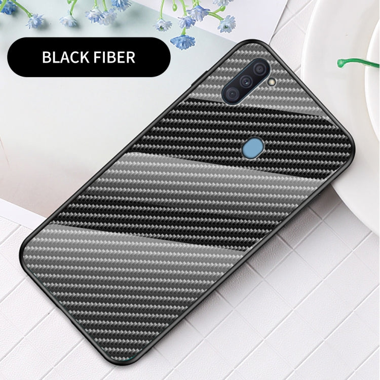 For Samsung Galaxy A11 / M11 Gradient Carbon Fiber Texture TPU Border Tempered Glass Case