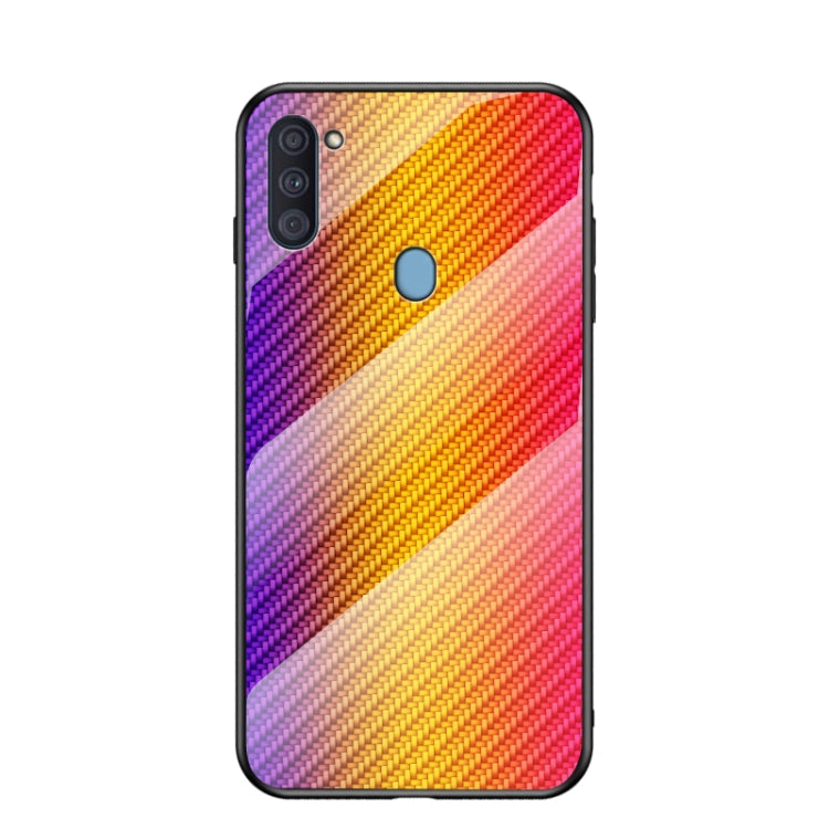 For Samsung Galaxy A11 / M11 Gradient Carbon Fiber Texture TPU Border Tempered Glass Case