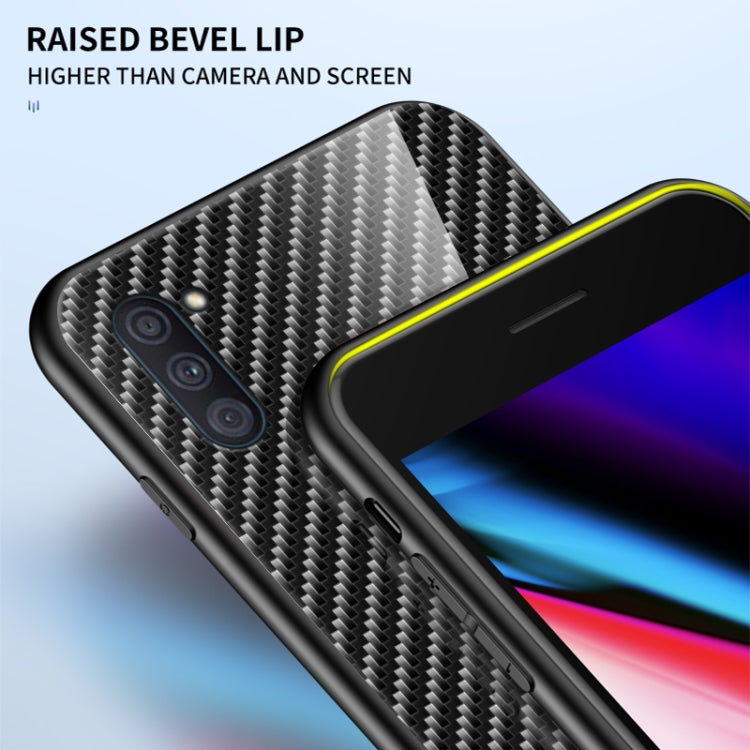For Samsung Galaxy A11 / M11 Gradient Carbon Fiber Texture TPU Border Tempered Glass Case