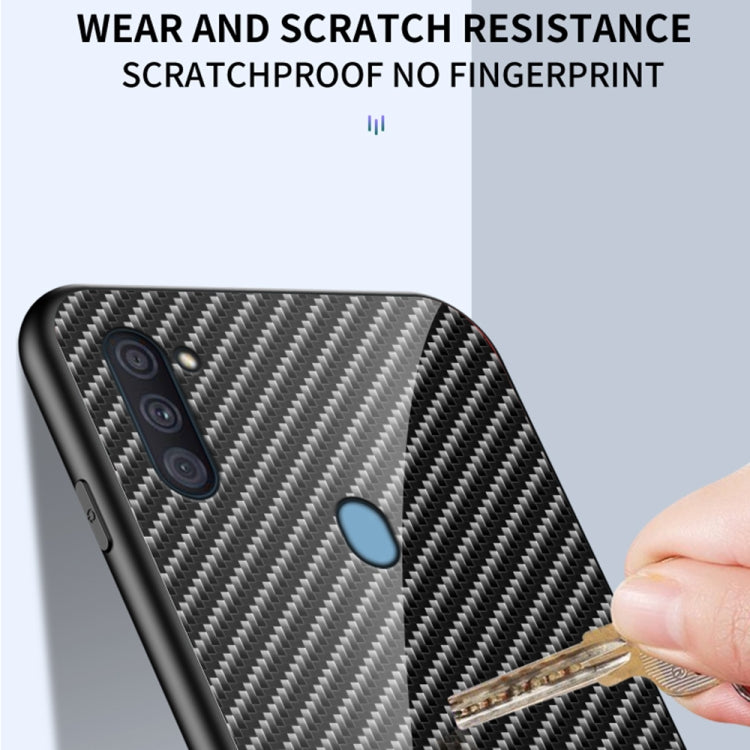 For Samsung Galaxy A11 / M11 Gradient Carbon Fiber Texture TPU Border Tempered Glass Case