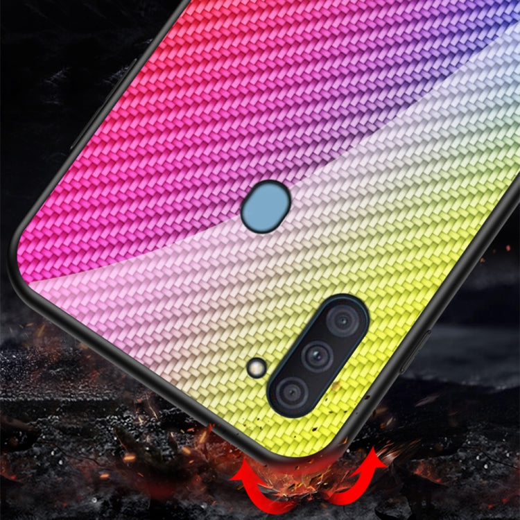 For Samsung Galaxy A11 / M11 Gradient Carbon Fiber Texture TPU Border Tempered Glass Case