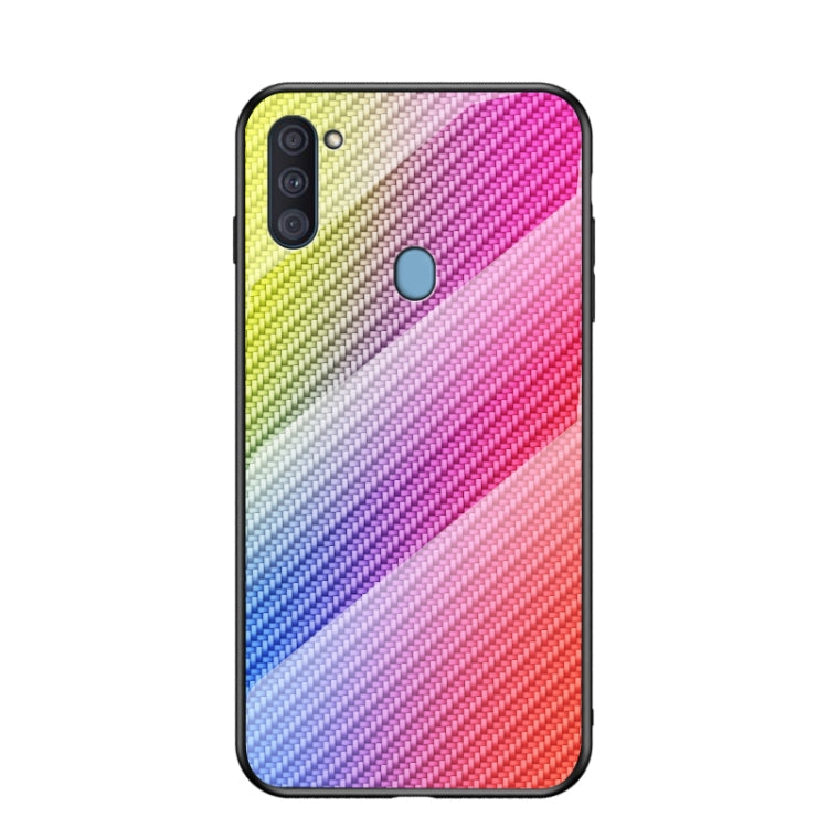 For Samsung Galaxy A11 / M11 Gradient Carbon Fiber Texture TPU Border Tempered Glass Case