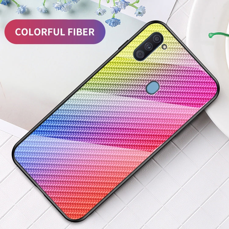 For Samsung Galaxy A11 / M11 Gradient Carbon Fiber Texture TPU Border Tempered Glass Case