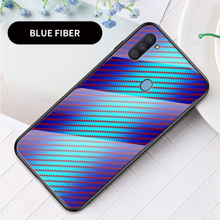 For Samsung Galaxy A11 US Version Gradient Carbon Fiber Texture TPU Border Tempered Glass Case