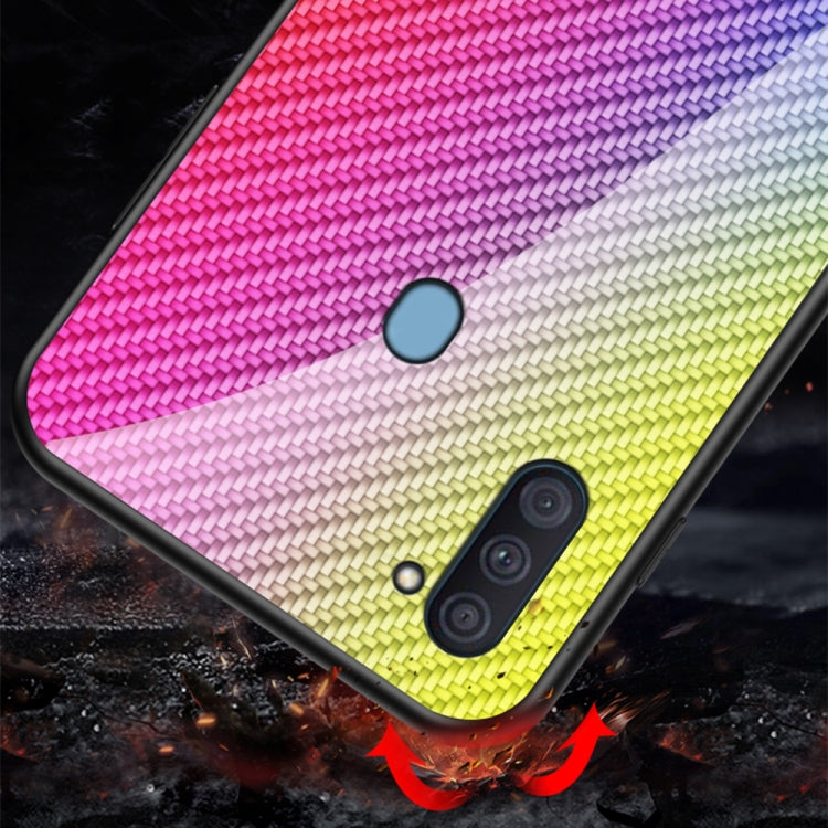 For Samsung Galaxy A11 US Version Gradient Carbon Fiber Texture TPU Border Tempered Glass Case