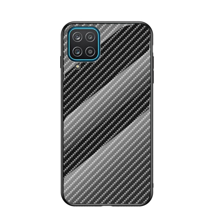 For Samsung Galaxy A12 Gradient Carbon Fiber Texture TPU Border Tempered Glass Case