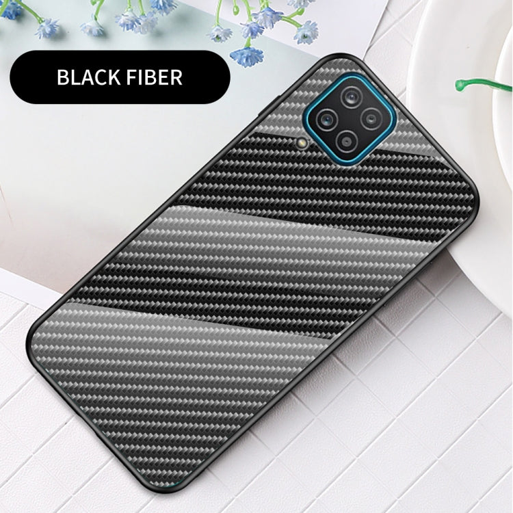 For Samsung Galaxy A12 Gradient Carbon Fiber Texture TPU Border Tempered Glass Case