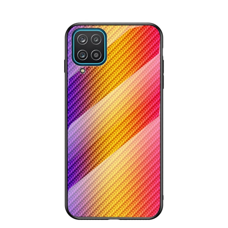 For Samsung Galaxy A12 Gradient Carbon Fiber Texture TPU Border Tempered Glass Case