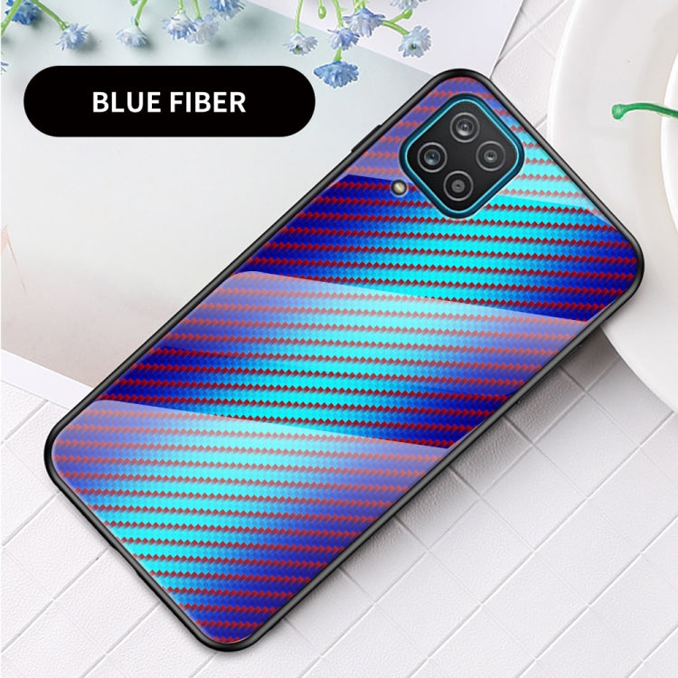 For Samsung Galaxy A12 Gradient Carbon Fiber Texture TPU Border Tempered Glass Case