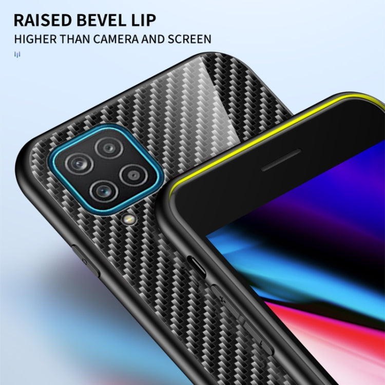 For Samsung Galaxy A12 Gradient Carbon Fiber Texture TPU Border Tempered Glass Case