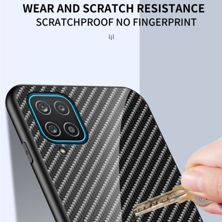 For Samsung Galaxy A12 Gradient Carbon Fiber Texture TPU Border Tempered Glass Case