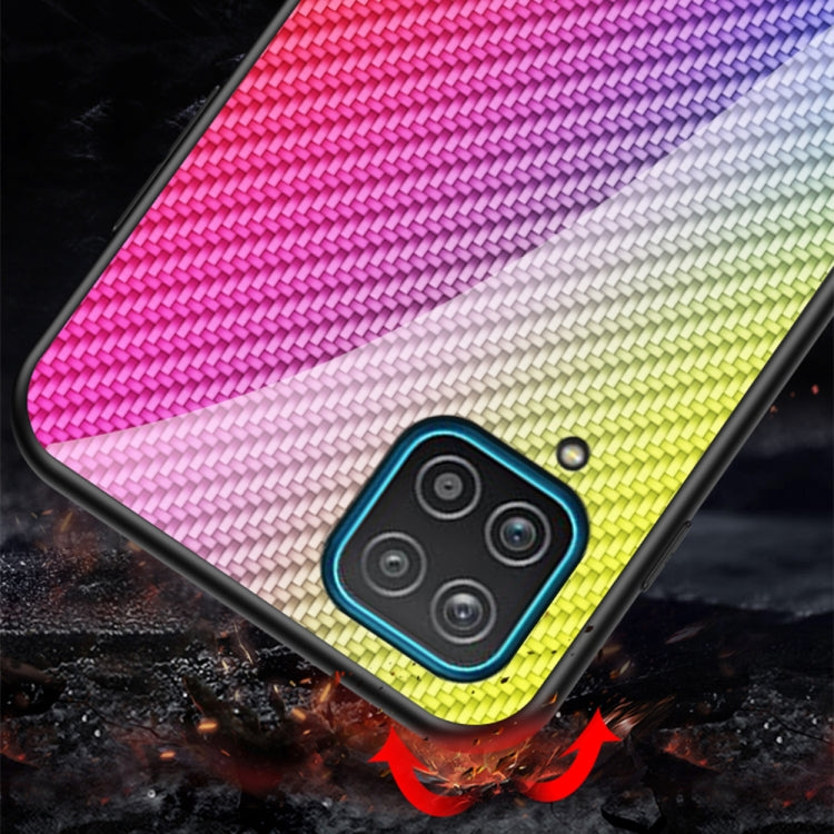 For Samsung Galaxy A12 Gradient Carbon Fiber Texture TPU Border Tempered Glass Case