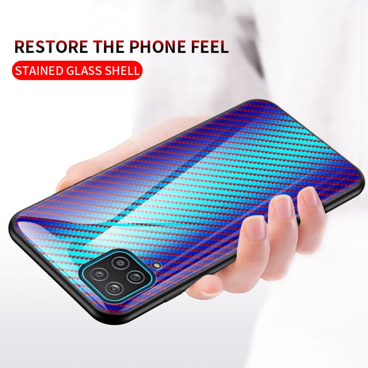 For Samsung Galaxy A12 Gradient Carbon Fiber Texture TPU Border Tempered Glass Case