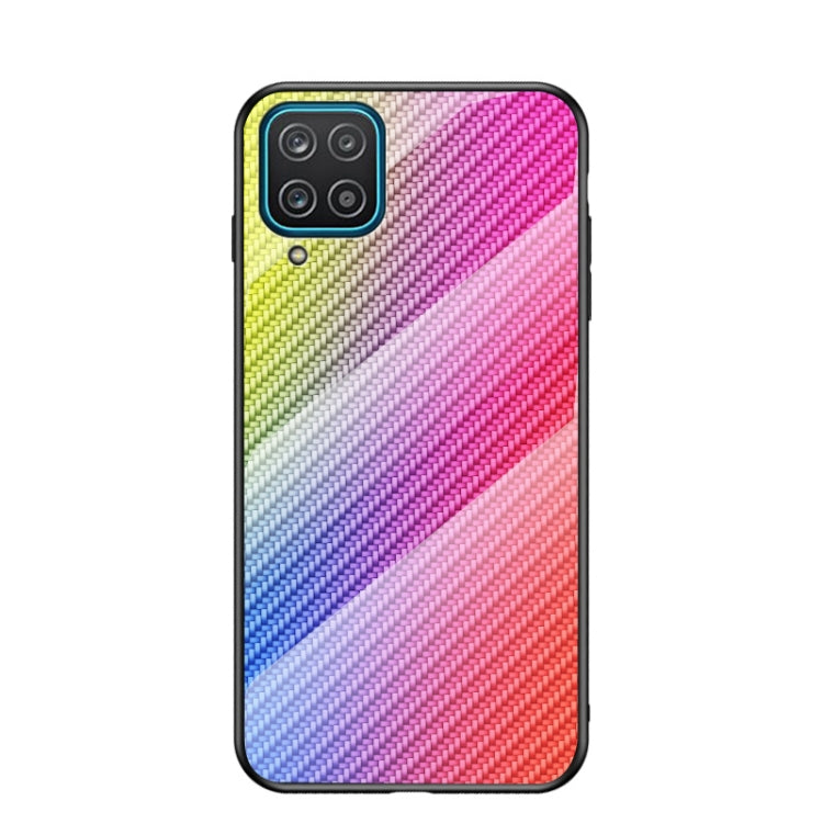 For Samsung Galaxy A12 Gradient Carbon Fiber Texture TPU Border Tempered Glass Case