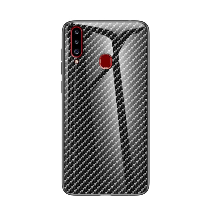 For Samsung Galaxy A20s Gradient Carbon Fiber Texture TPU Border Tempered Glass Case
