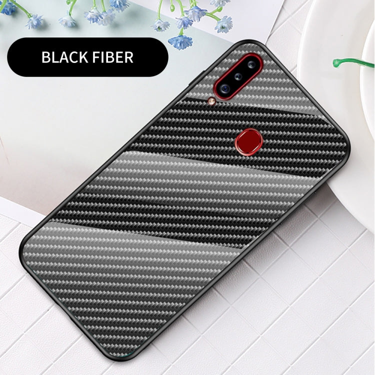 For Samsung Galaxy A20s Gradient Carbon Fiber Texture TPU Border Tempered Glass Case