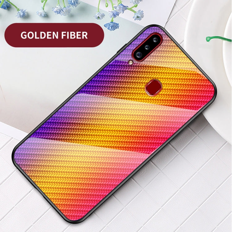 For Samsung Galaxy A20s Gradient Carbon Fiber Texture TPU Border Tempered Glass Case