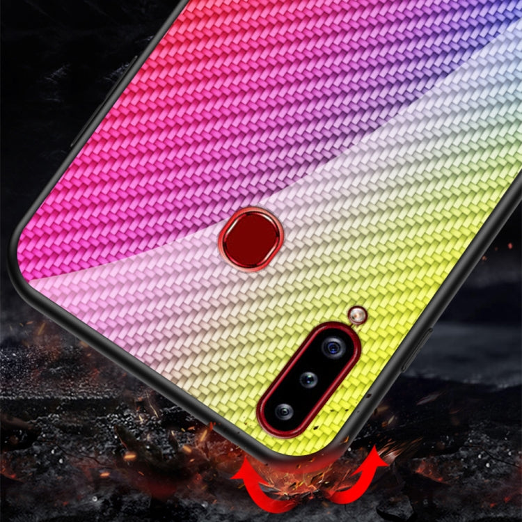 For Samsung Galaxy A20s Gradient Carbon Fiber Texture TPU Border Tempered Glass Case