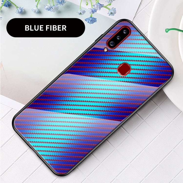 For Samsung Galaxy A20s Gradient Carbon Fiber Texture TPU Border Tempered Glass Case