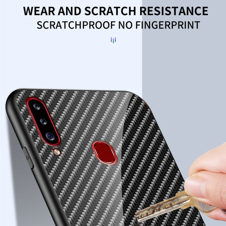 For Samsung Galaxy A20s Gradient Carbon Fiber Texture TPU Border Tempered Glass Case