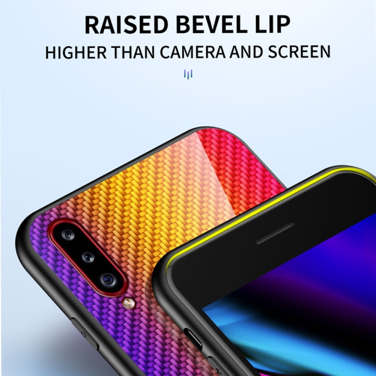 For Samsung Galaxy A20s Gradient Carbon Fiber Texture TPU Border Tempered Glass Case