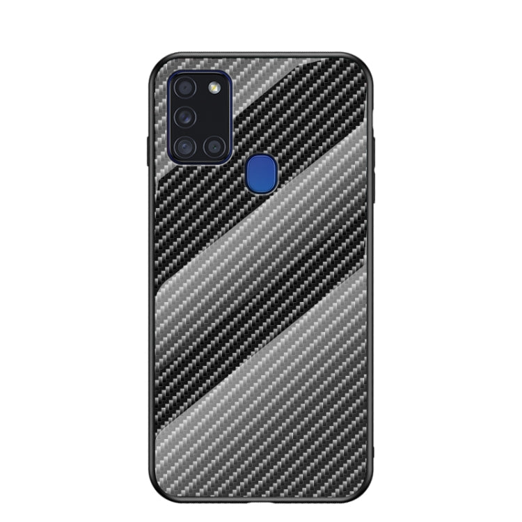 For Samsung Galaxy A21s Gradient Carbon Fiber Texture TPU Border Tempered Glass Case