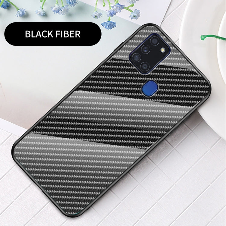 For Samsung Galaxy A21s Gradient Carbon Fiber Texture TPU Border Tempered Glass Case