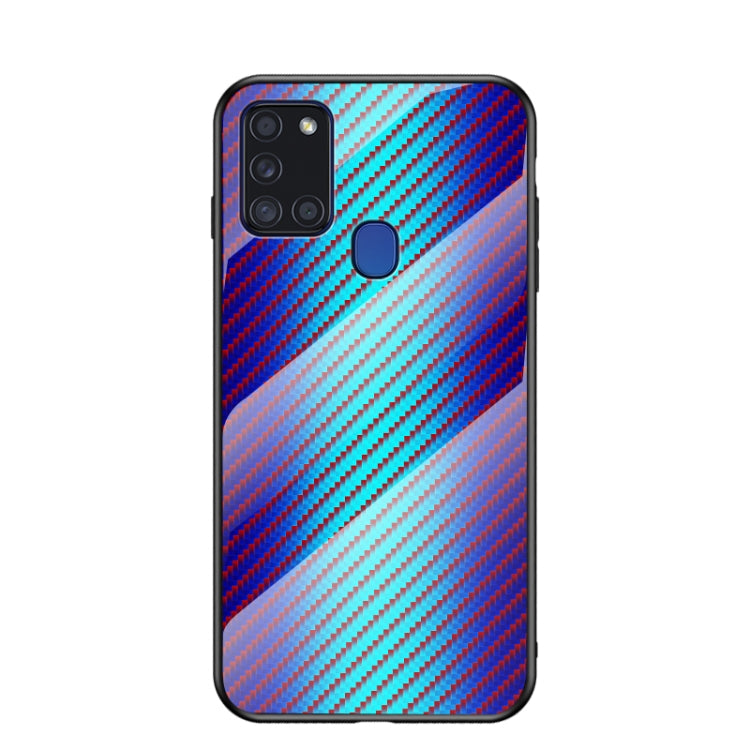 For Samsung Galaxy A21s Gradient Carbon Fiber Texture TPU Border Tempered Glass Case