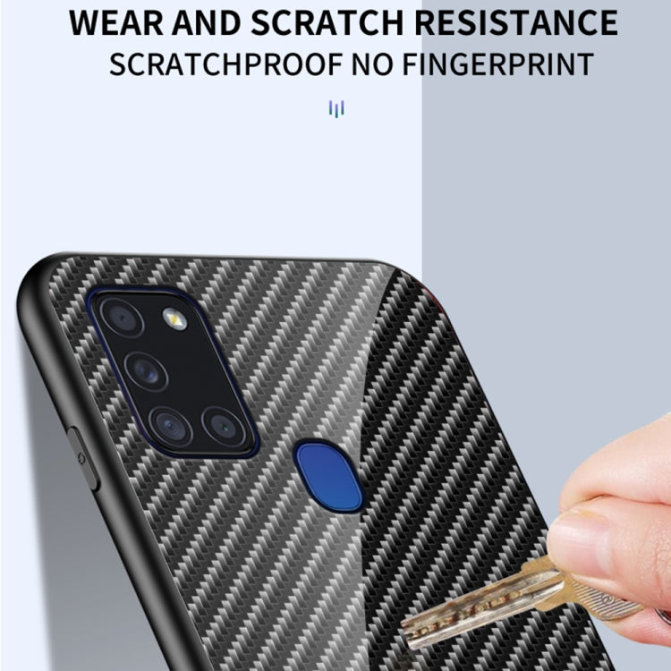 For Samsung Galaxy A21s Gradient Carbon Fiber Texture TPU Border Tempered Glass Case