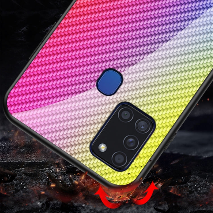 For Samsung Galaxy A21s Gradient Carbon Fiber Texture TPU Border Tempered Glass Case