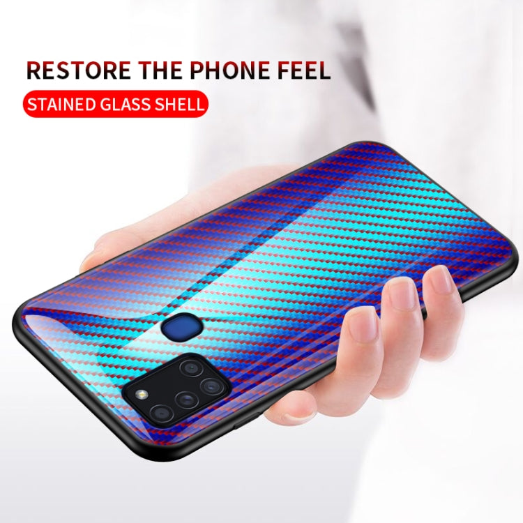 For Samsung Galaxy A21s Gradient Carbon Fiber Texture TPU Border Tempered Glass Case
