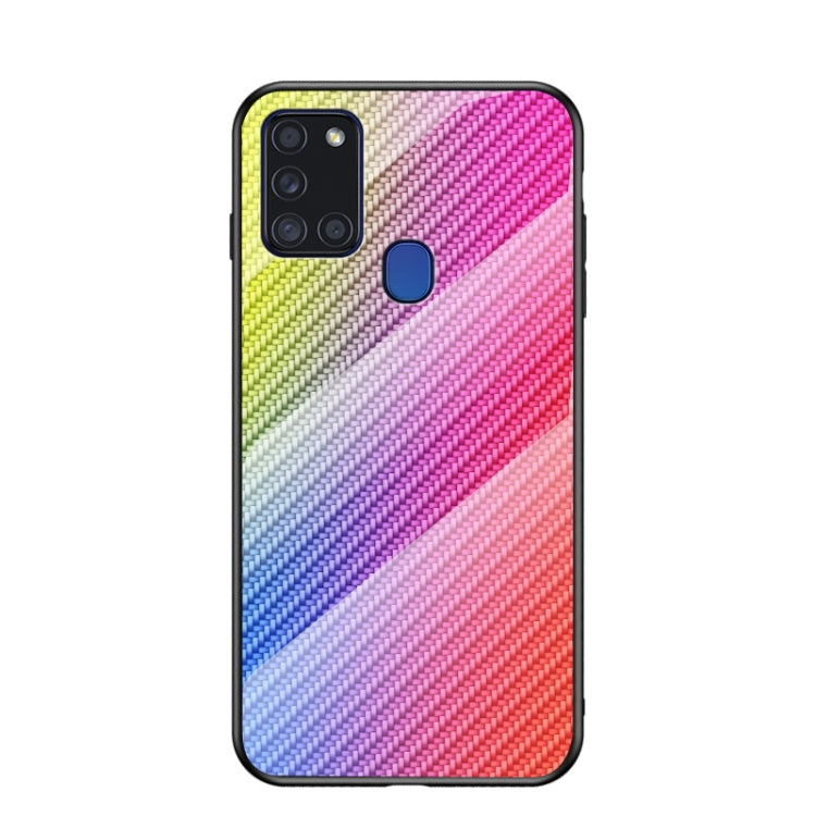 For Samsung Galaxy A21s Gradient Carbon Fiber Texture TPU Border Tempered Glass Case