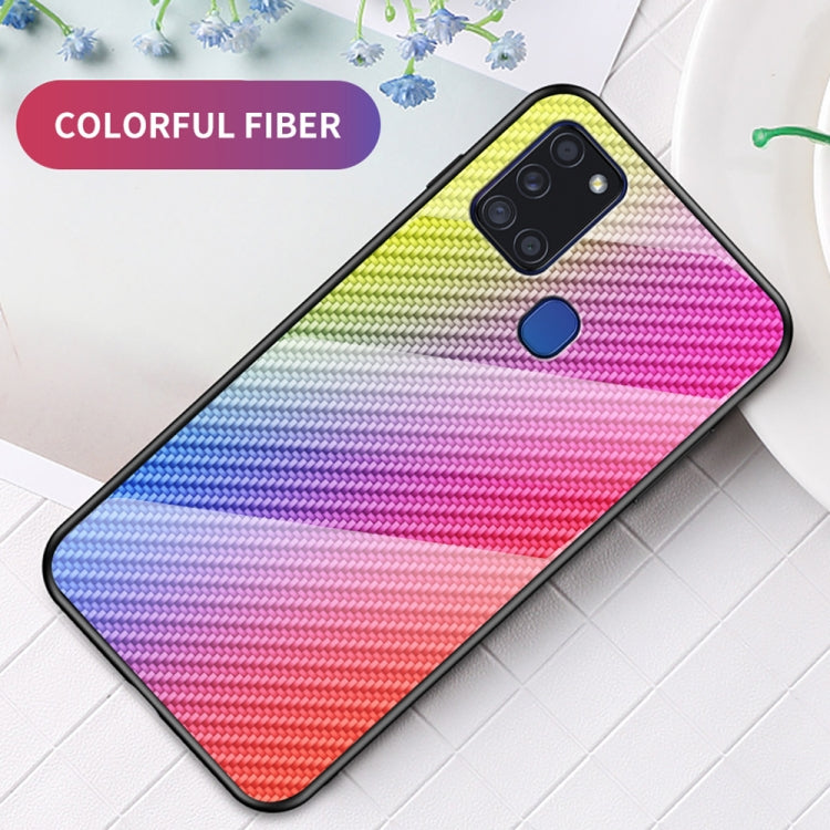 For Samsung Galaxy A21s Gradient Carbon Fiber Texture TPU Border Tempered Glass Case