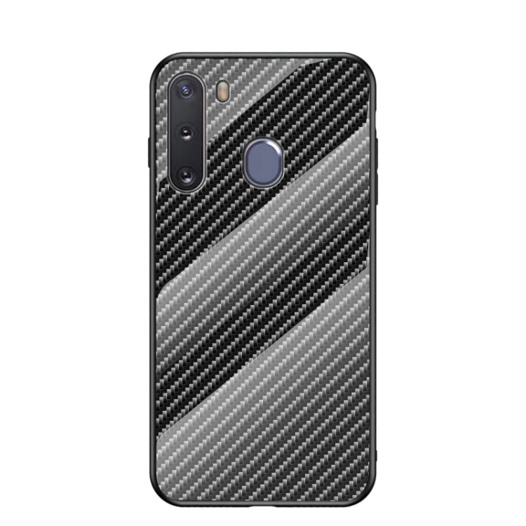 For Samsung Galaxy A21 Gradient Carbon Fiber Texture TPU Border Tempered Glass Case