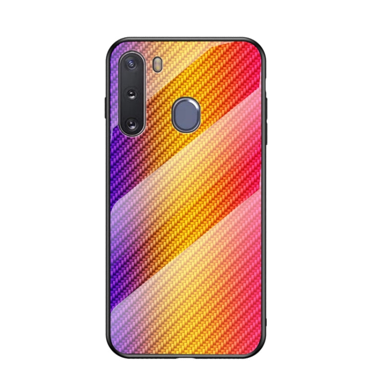 For Samsung Galaxy A21 Gradient Carbon Fiber Texture TPU Border Tempered Glass Case