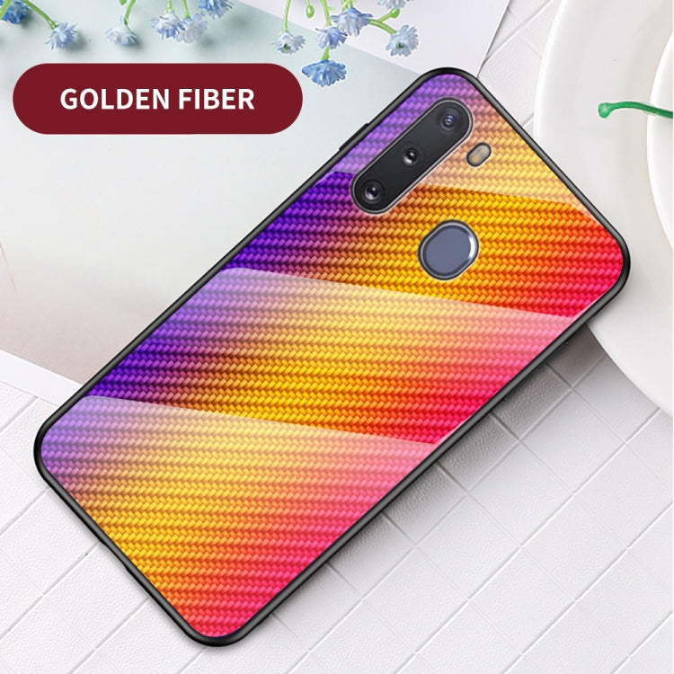 For Samsung Galaxy A21 Gradient Carbon Fiber Texture TPU Border Tempered Glass Case