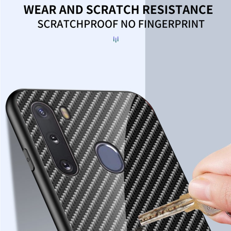 For Samsung Galaxy A21 Gradient Carbon Fiber Texture TPU Border Tempered Glass Case