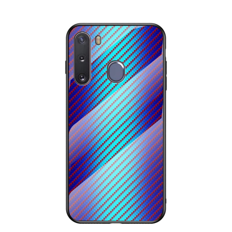 For Samsung Galaxy A21 Gradient Carbon Fiber Texture TPU Border Tempered Glass Case